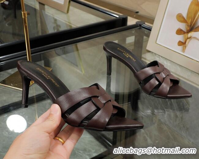 Unique Style Saint Laurent Lambskin Point Toe Heel Slide Sandals Dark Brown 0324042 