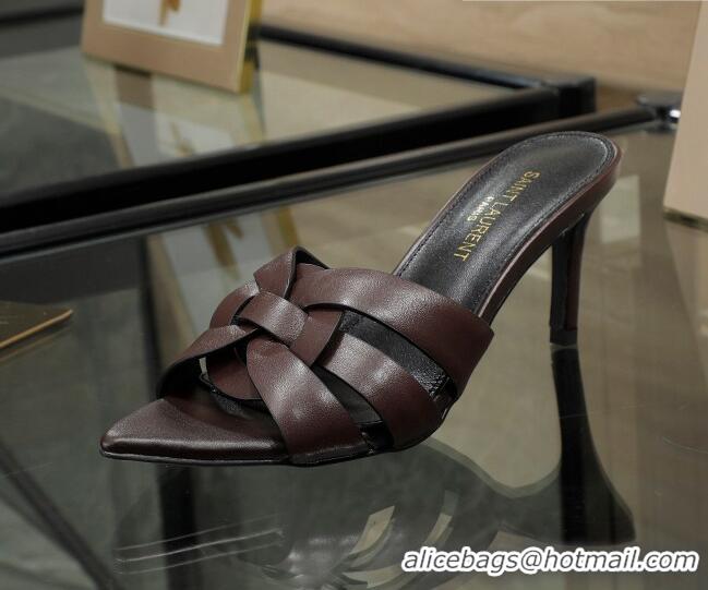 Unique Style Saint Laurent Lambskin Point Toe Heel Slide Sandals Dark Brown 0324042 