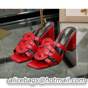 Best Product Saint Laurent Lambskin Medium Heel Slide Sandals Red 0324046