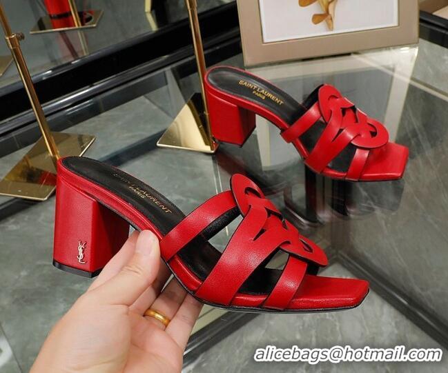 Best Product Saint Laurent Lambskin Medium Heel Slide Sandals Red 0324046