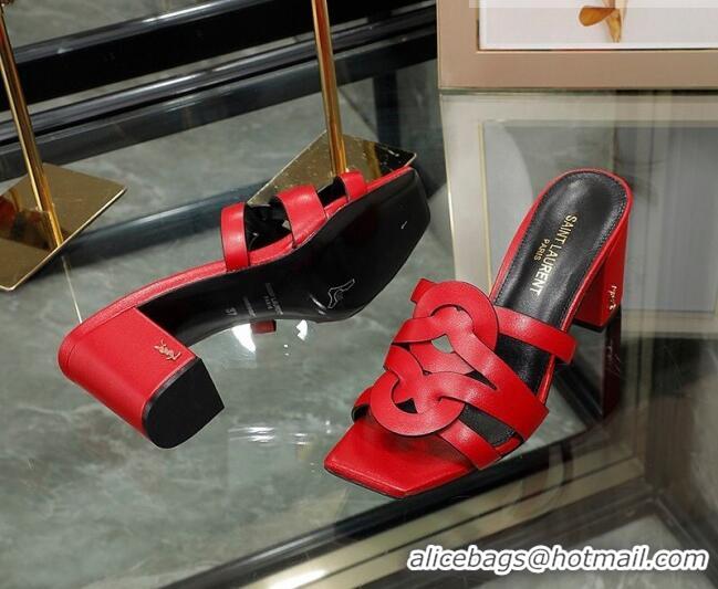 Best Product Saint Laurent Lambskin Medium Heel Slide Sandals Red 0324046