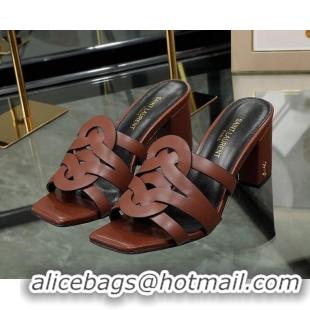 Good Looking Saint Laurent Lambskin Medium Heel Slide Sandals Brown 0324043