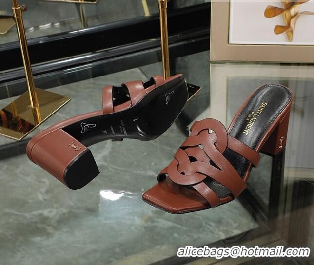 Good Looking Saint Laurent Lambskin Medium Heel Slide Sandals Brown 0324043