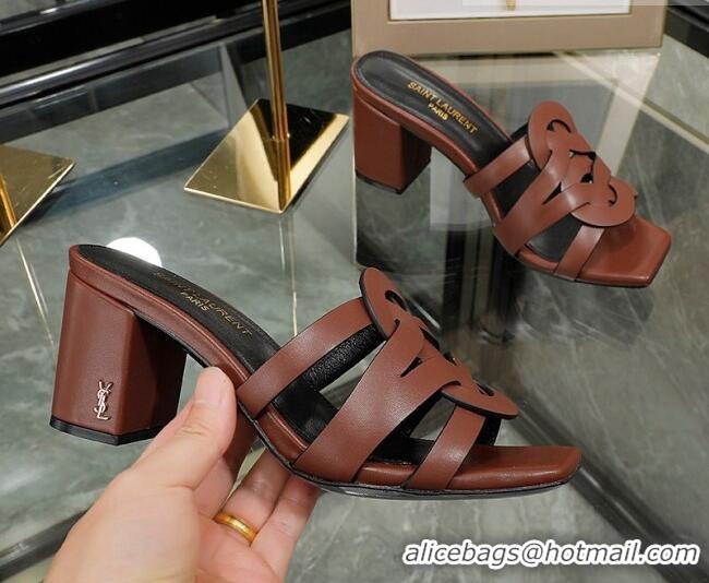 Good Looking Saint Laurent Lambskin Medium Heel Slide Sandals Brown 0324043