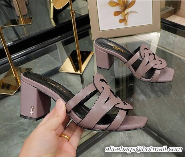 Shop Duplicate Saint Laurent Lambskin Medium Heel Slide Sandals Powder Pink 0324044