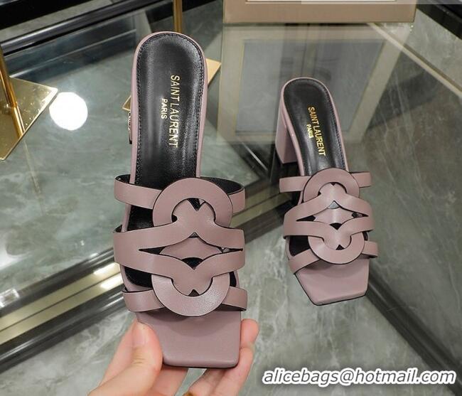 Shop Duplicate Saint Laurent Lambskin Medium Heel Slide Sandals Powder Pink 0324044