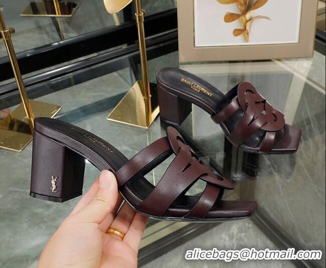 Purchase Saint Laurent Lambskin Medium Heel Slide Sandals Dark Brown 324047