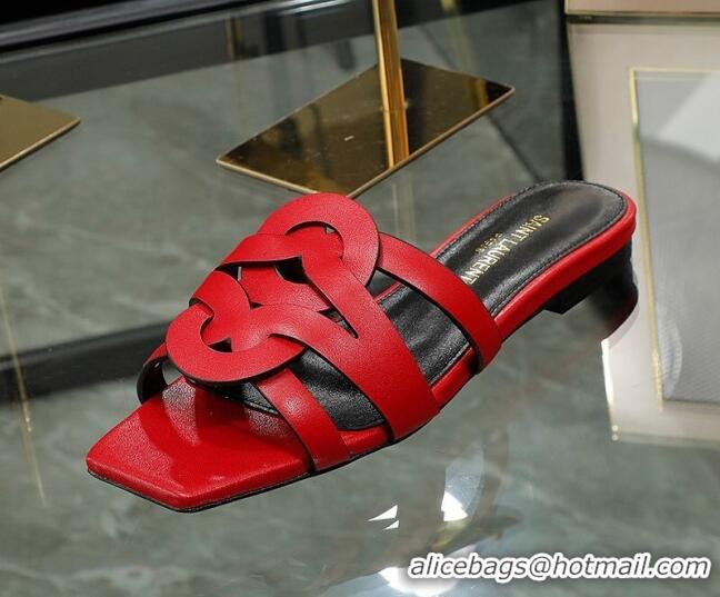 Popular Style Saint Laurent Lambskin Flat Slide Sandals Red 0324049