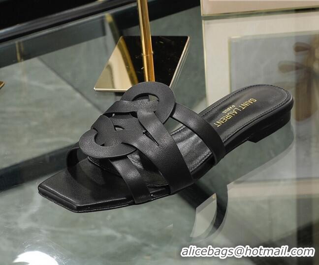 Best Price Saint Laurent Lambskin Flat Slide Sandals Black 0324050