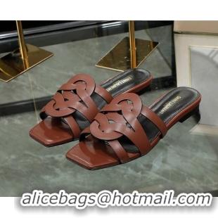 Classic Hot Saint Laurent Lambskin Flat Slide Sandals Brown 0324052