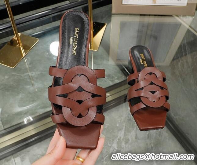 Classic Hot Saint Laurent Lambskin Flat Slide Sandals Brown 0324052