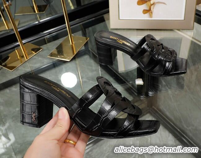 Purchase Saint Laurent Medium Heel Slide Sandals in Embossed Leather Black 0324053