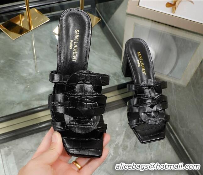 Purchase Saint Laurent Medium Heel Slide Sandals in Embossed Leather Black 0324053