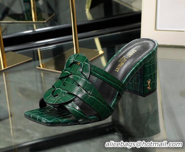 Good Product Saint Laurent Medium Heel Slide Sandals in Embossed Leather Green 324054