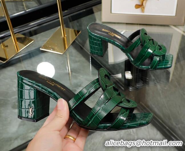 Good Product Saint Laurent Medium Heel Slide Sandals in Embossed Leather Green 324054