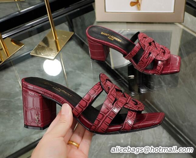 Trendy Design Saint Laurent Medium Heel Slide Sandals in Embossed Leather Red 324055