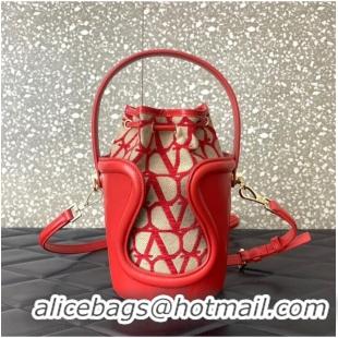 Famous Brand VALENTINO V-logo MINI LOCO sheepskin and fabric Bucket Bag I6ZN red