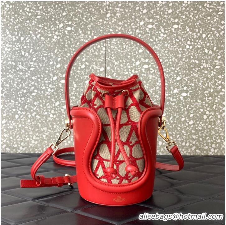 Famous Brand VALENTINO V-logo MINI LOCO sheepskin and fabric Bucket Bag I6ZN red