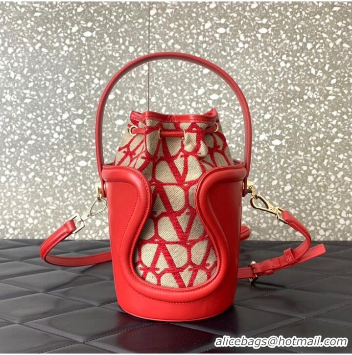 Famous Brand VALENTINO V-logo MINI LOCO sheepskin and fabric Bucket Bag I6ZN red