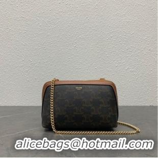 Famous Brand Celine CLUTCH WITH CHAIN IN TRIOMPHE CANVAS AND LAMBSKIN 100382 TAN