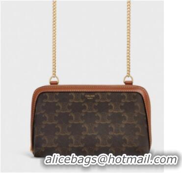 Famous Brand Celine CLUTCH WITH CHAIN IN TRIOMPHE CANVAS AND LAMBSKIN 100382 TAN