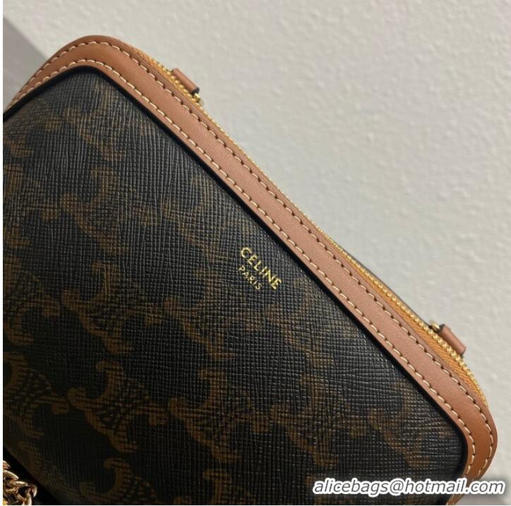 Famous Brand Celine CLUTCH WITH CHAIN IN TRIOMPHE CANVAS AND LAMBSKIN 100382 TAN