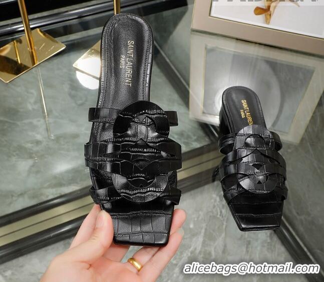 Duplicate Saint Laurent Flat Slide Sandals in Embossed Leather Black 0324056