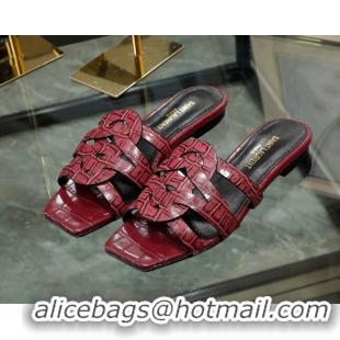 Discount Saint Laurent Flat Slide Sandals in Embossed Leather Red 324057