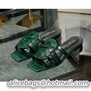 Best Grade Saint Laurent Flat Slide Sandals in Embossed Leather Green 0324058