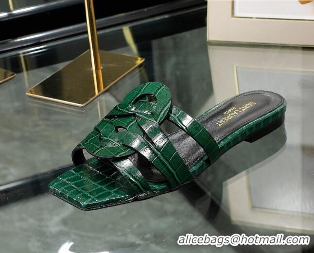 Best Grade Saint Laurent Flat Slide Sandals in Embossed Leather Green 0324058