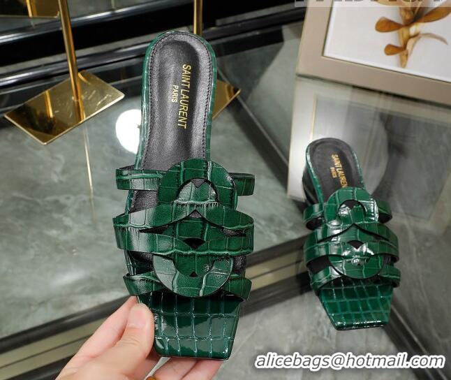 Best Grade Saint Laurent Flat Slide Sandals in Embossed Leather Green 0324058