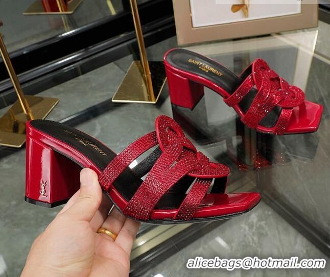 Low Price Saint Laurent Medium Heel Slide Sandals with Crystals Red 0324060