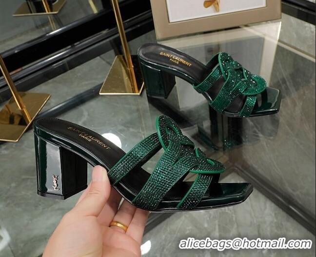 Charming Saint Laurent Medium Heel Slide Sandals with Crystals Green 0324061