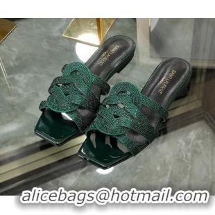 Discount Saint Laurent Flat Slide Sandals with Crystals Green 0324066