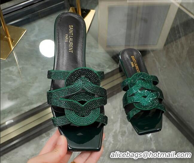 Discount Saint Laurent Flat Slide Sandals with Crystals Green 0324066