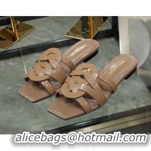 Top Grade Saint Laurent Flat Slide Sandals in Patent Leather Apricot 0324067