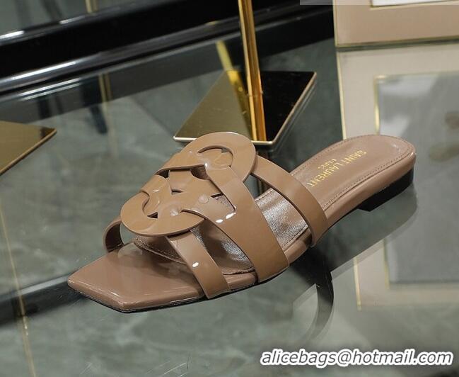 Top Grade Saint Laurent Flat Slide Sandals in Patent Leather Apricot 0324067