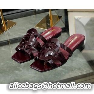 Hot Style Saint Laurent Flat Slide Sandals in Patent Leather Burgundy 324068