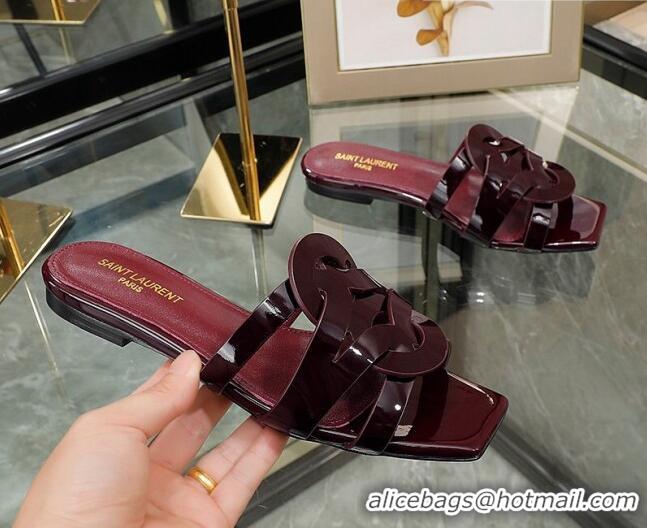 Hot Style Saint Laurent Flat Slide Sandals in Patent Leather Burgundy 324068