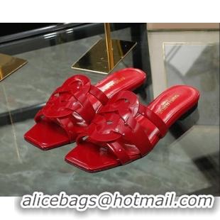 Grade Saint Laurent Flat Slide Sandals in Patent Leather Red 324069