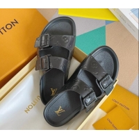 Luxury Discount Louis Vuitton LV Trainer Flat Slide Sandals in Black Monogram Leather 0228108