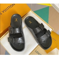 Luxury Discount Louis Vuitton LV Trainer Flat Slide Sandals in Black Monogram Leather 0228108