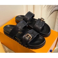 Good Quality Louis Vuitton Bom Dia Flat Comfort Slide Sandals in Black Monogram Leather 030304