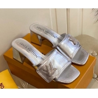 Luxury Louis Vuitton Shake Slide Sandals 5.5cm in Silver Metallic Leather with Crystal LV Twist 030305