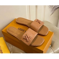 Good Quality Louis Vuitton Shake Flat Slide Sandals in Brown Patent Leather with LV Twist 030317