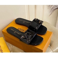 Best Grade Louis Vuitton Shake Flat Slide Sandals in Black Patent Leather with LV Twist 030320