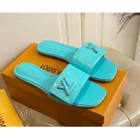 Best Price Louis Vuitton Shake Flat Slide Sandals in Light Blue Patent Leather with LV Twist 030321