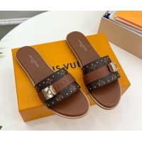 Best Grade Louis Vuitton Lock It Flat Slide Sandals in Monogram Canvas Brown 0322011