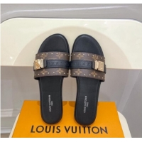 Perfect Louis Vuitton Lock It Flat Slide Sandals in Monogram Canvas Black 0322012