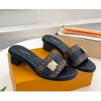 Sumptuous Louis Vuitton Lock It Heel Slide Sandals 4.5cm in Monogram Canvas Black 30322014